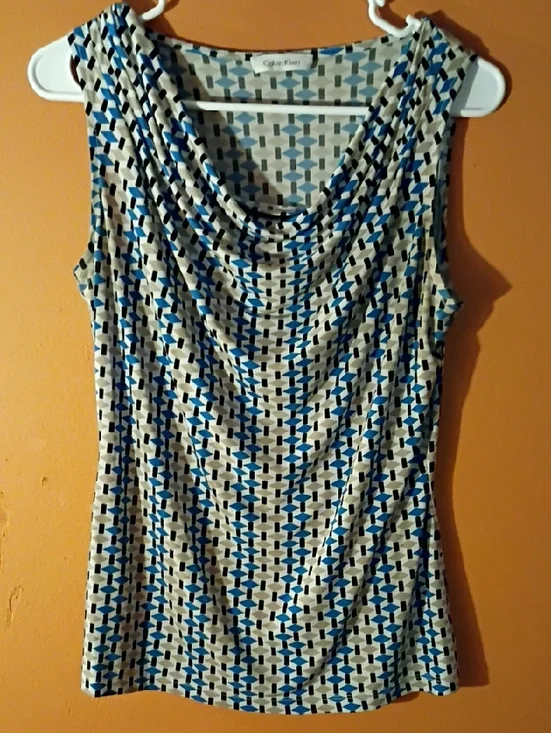 Calvin Klein Blue, Black & Cream Cowl Neck Printed Tank - Picture 1 of 4